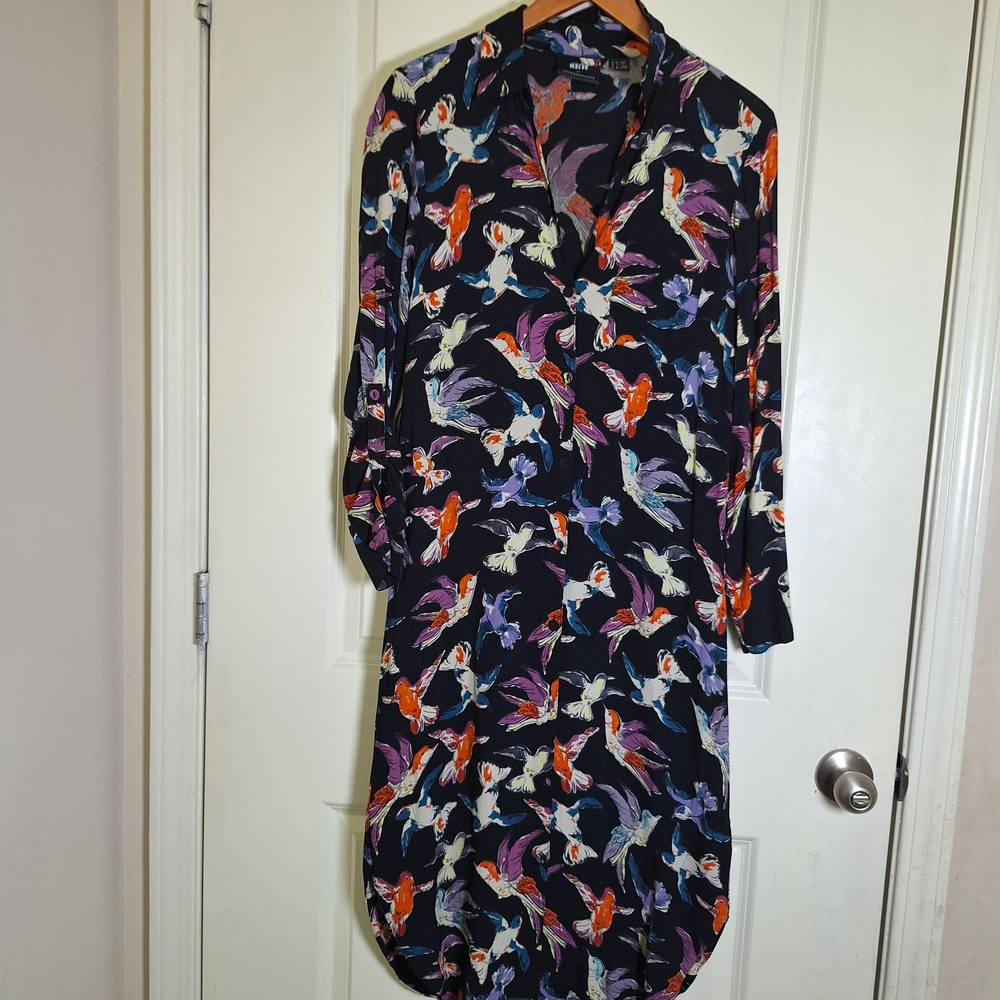 Maeve Navy Midi Shirt Dress with Multicolor Bird Motif